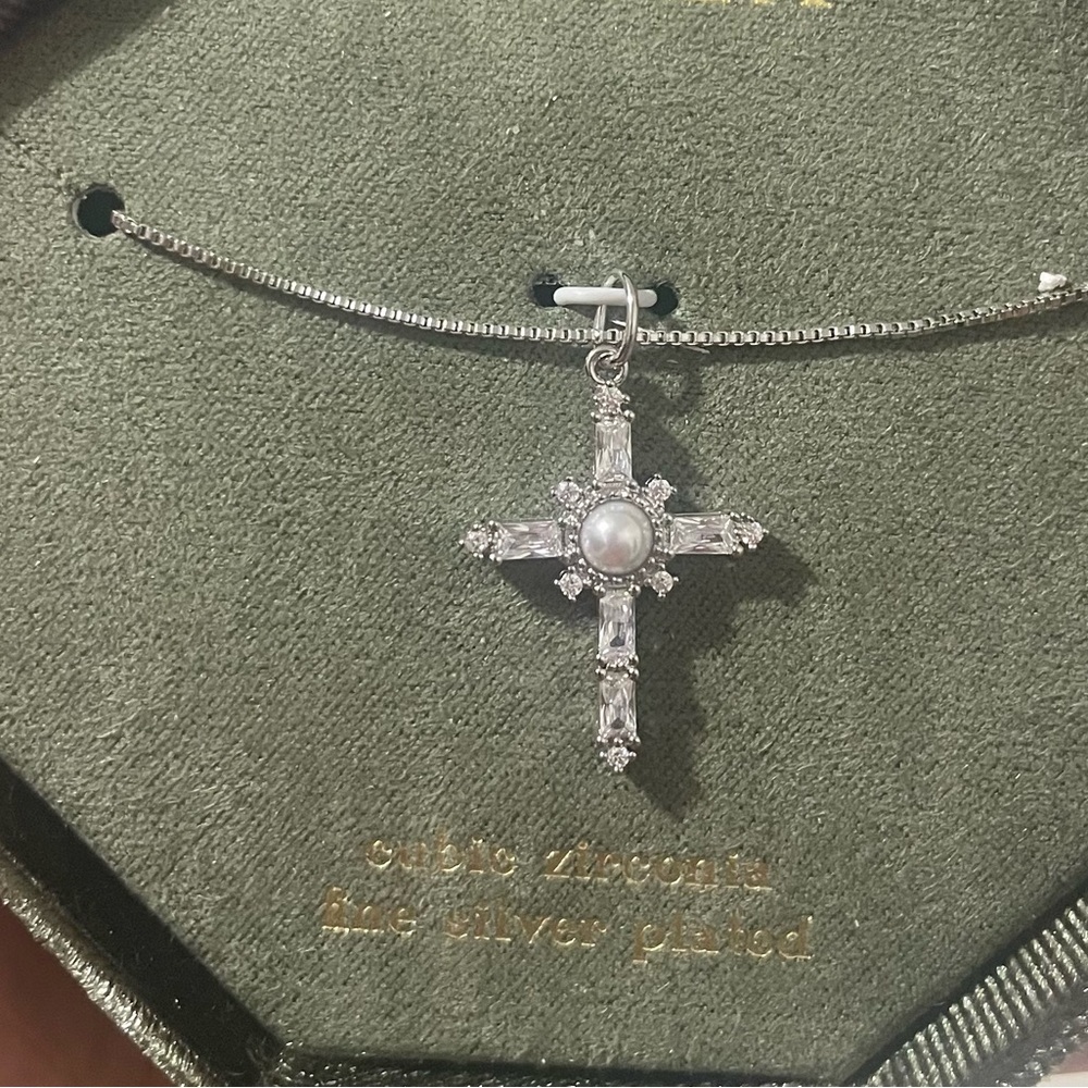 Silver Cross Pendant Necklace with Center Pearl - Women Jewelry
